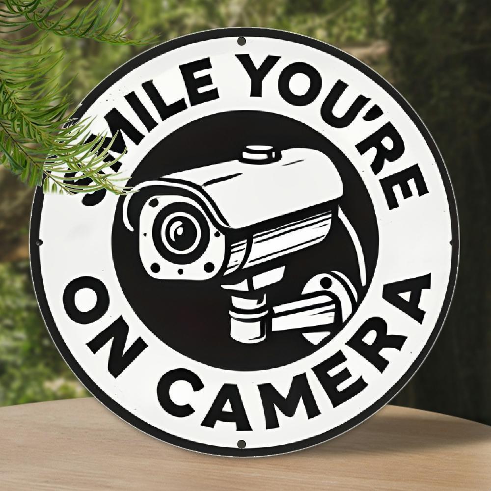 TEMU Decorative Signs & Plaques 1pc Vintage Aluminum "'re In Front Of The Camera" Sign - 7.8 Inch Round Security Alarm Wall Decor For Indoor/ Outdoor