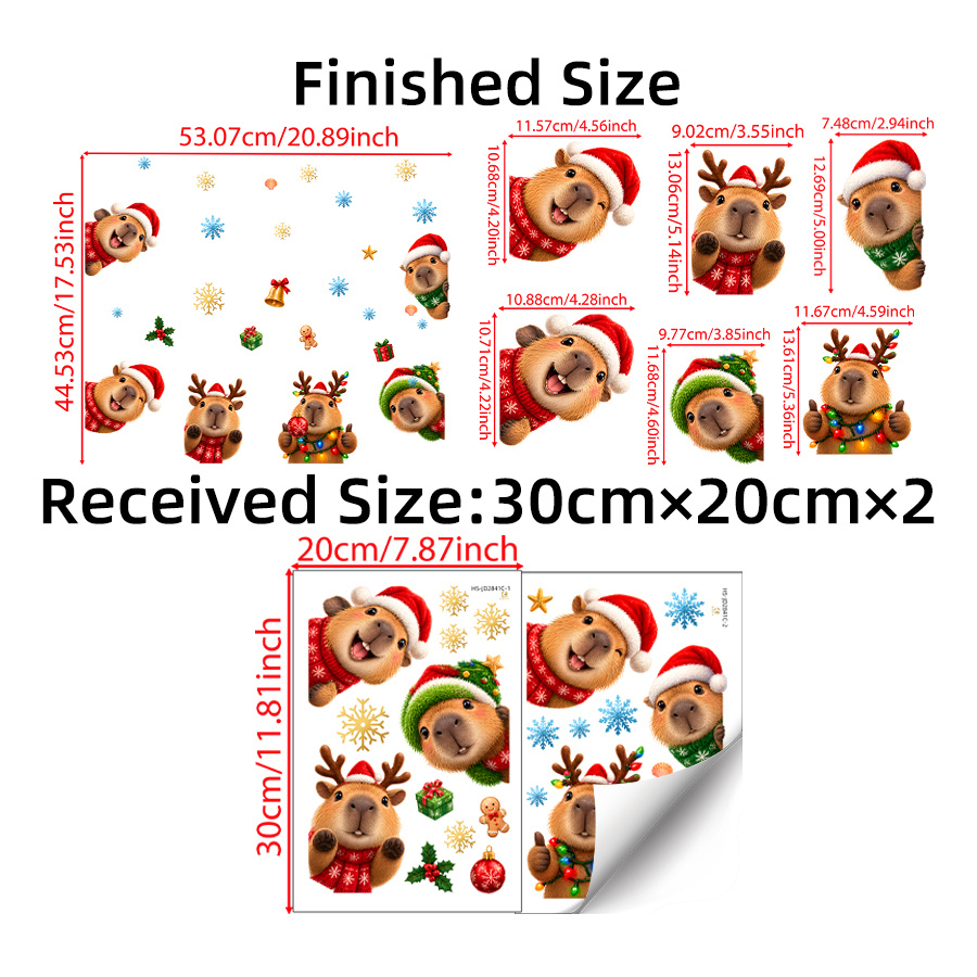 TEMU 1 Set/2pcs Cute Christmas Capybara Static Cling Window Stickers, Peeking Capybara With Santa Hat Snowflake Gift Pattern, Reusable Xmas Window