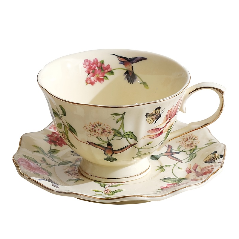 TEMU Floral And Bird Coffee Cup And Saucer, Vintage-style Golden-painted Ceramic Cup, Home Afternoon Tea Tableware, Christmas Gift, Souvenir