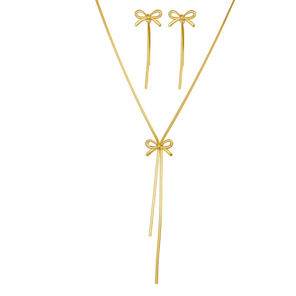 Image of 2pcs Bow Stainless Steel Necklace And Earrings Set, Y-shaped Fringe Design, Feminine And Chic Additions, Versatile For Daily Wear