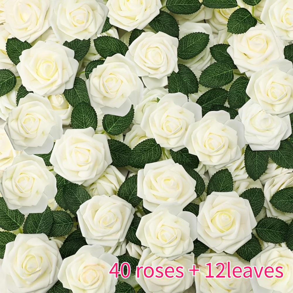 TEMU Ensemble de 52 pièces de roses artificielles en mousse avec feuilles, 40 roses en mousse + 12 feuilles avec tiges, décoration de bricolage pour