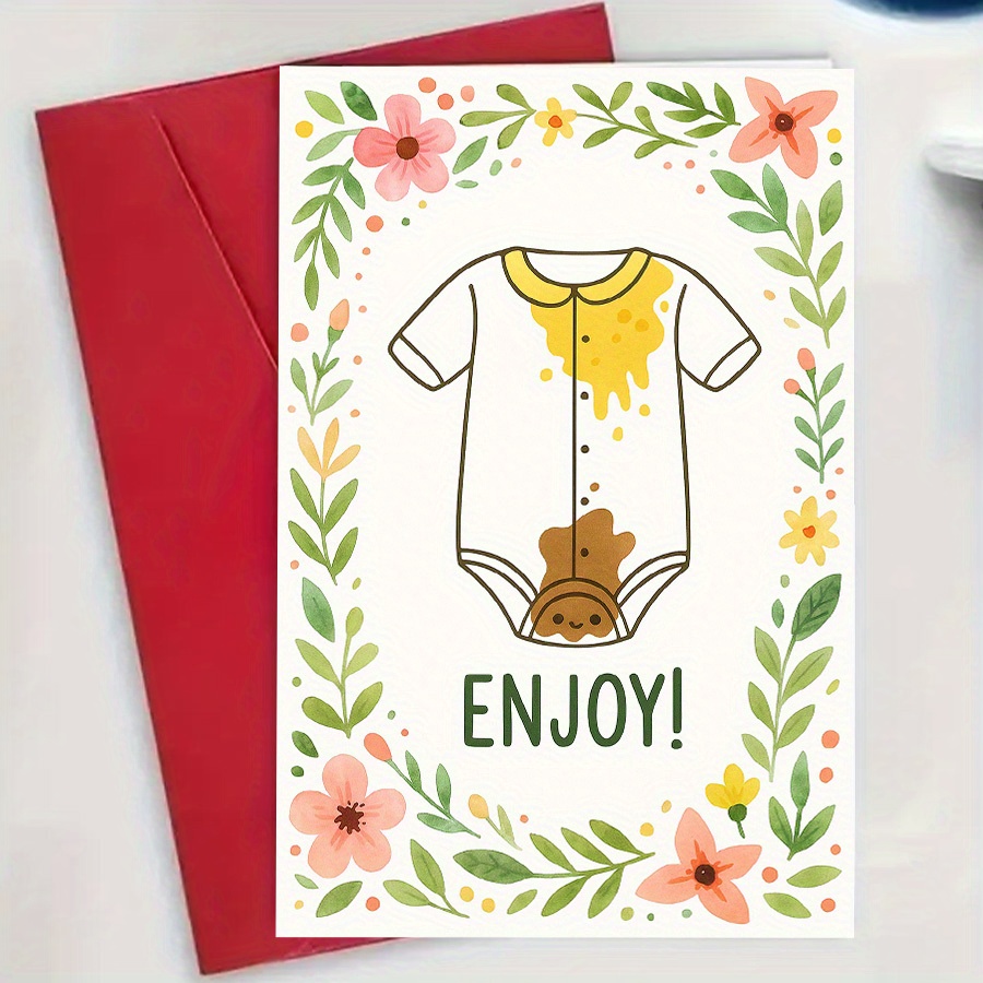 E-shop Ein lustiges Baby-Shower-Karten-Design mit Windel-Flecken, Poop- und Kleidungssilhouetten - ein humorvolles