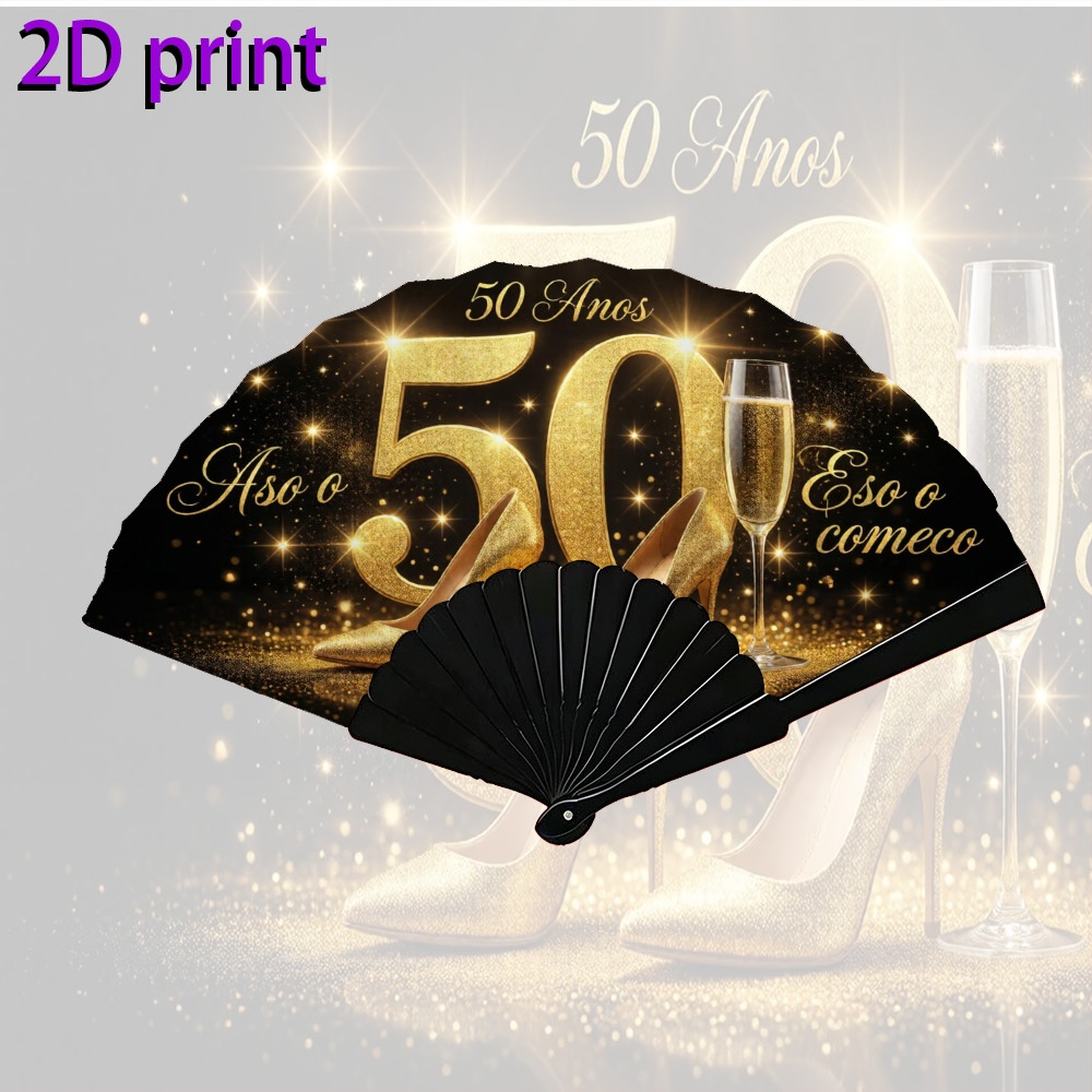 TEMU 2d Flat, 1pc 7 Inch 2d Single-sided Printed Handheld Fan For Men& Women, Golden Sparkle 50 Commemorative Celebration , Suitable For Weddings,