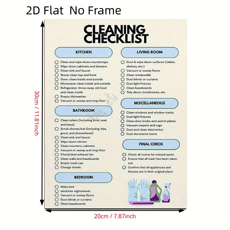 TEMU 2d Flat, 2d Flat, 2d Flat No Frame Posters Decorative Canvas Painting Cleaning Checklist Canvas Art: Kitchen, Living Room, Bathroom, Bedroom And