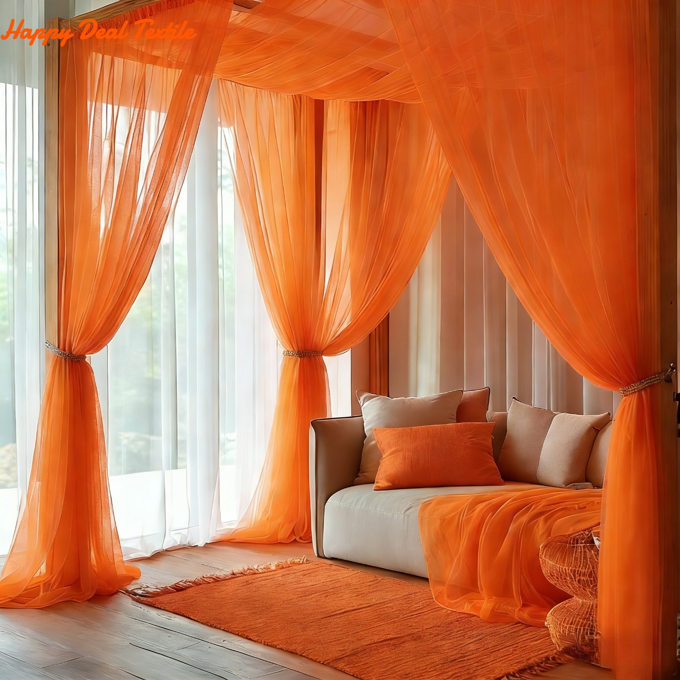 TEMU 2-pack, Vibrant Orange Semi-transparent 1pc Rod Pocket Net Curtains, Rod Not Included, 100% Polyester Fiber, Adjustable Sheer Indoor Curtains,