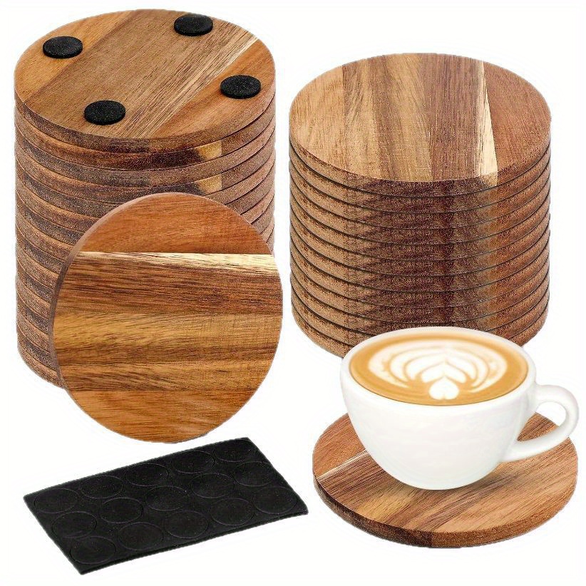 Image of 12pcs Solid Acacia Wood Coasters, Table Decor, Vintage Kitchen Dining Accessories For Home, Diy Dyeing, Carving, Home Decoration, And Tabletop Protection