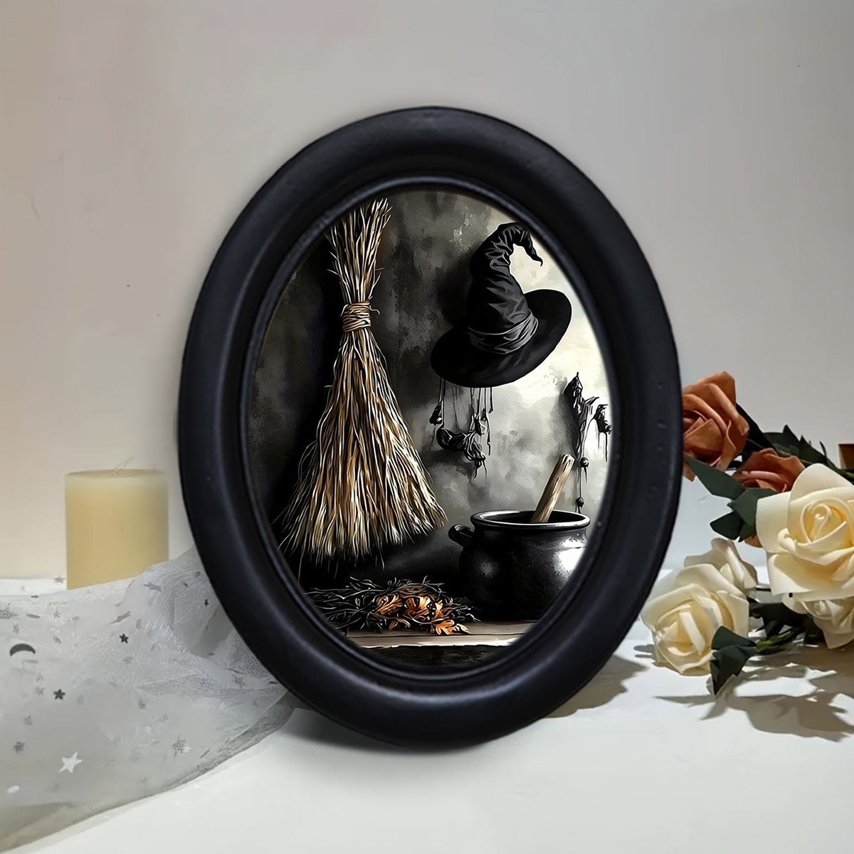 TEMU A Black-framed Rustic Horror Witch Photo Frame Wall, Handcrafted With A Mysterious Cauldron, Broom, And Witch Hat Design, Vintage-style