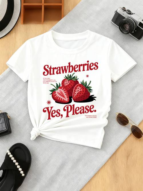 girls classic crew neck strawberries t shirt cute casual knit top for spring summer stretch fabric fashionable random print