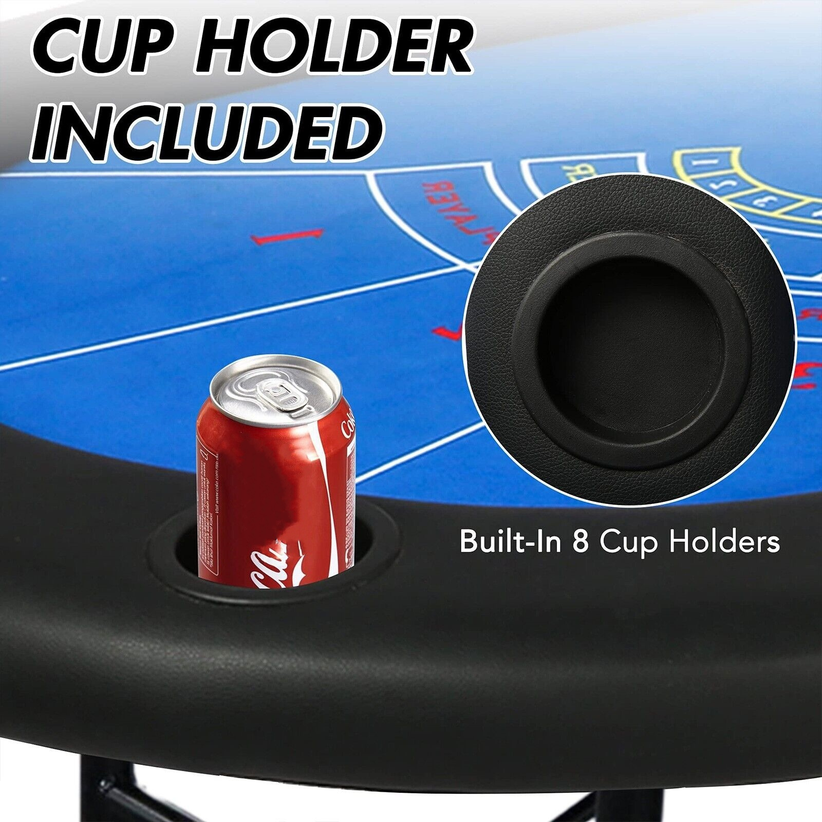 Premium 8 Player Foldable Poker Card Table, Folding Poker Table with Plastic Cup Holders, Portable Board Game Table with Padded Rails, Blue