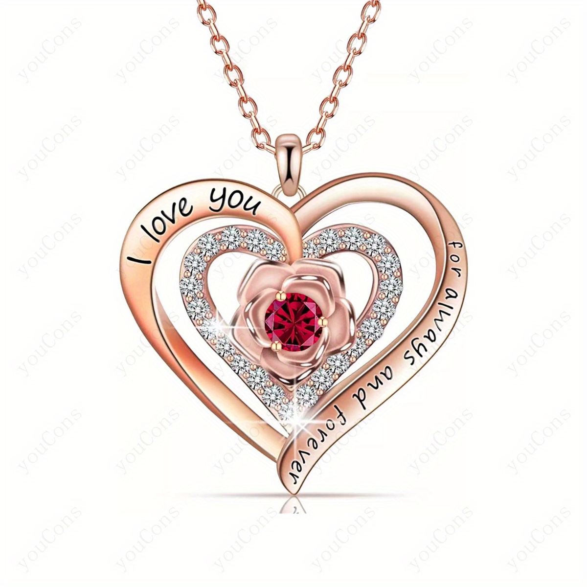 TEMU Luxury Synthetic Synthetic Zirconia Heart Necklace With Artistic Rose Flower Embossing, 8-color Stone, 2025 New Luxury Women's Jewelry, Gift For