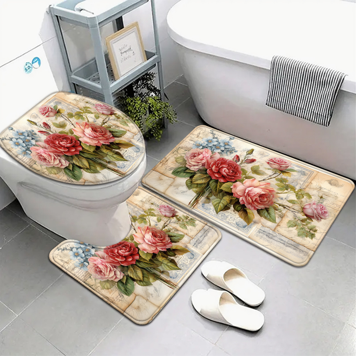 TEMU 【】ヴィンテージ ローズ ステーショナリー バスルームマット フレンチカントリースタイル トイレシートカバーとカーペット付き U字型フッ付き バスルーム装飾