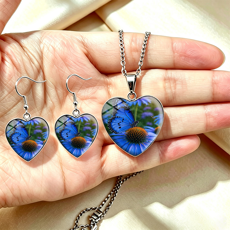3pcs Handmade Blue Morpho Butterfly & Purple Coneflower Jewelry Set
