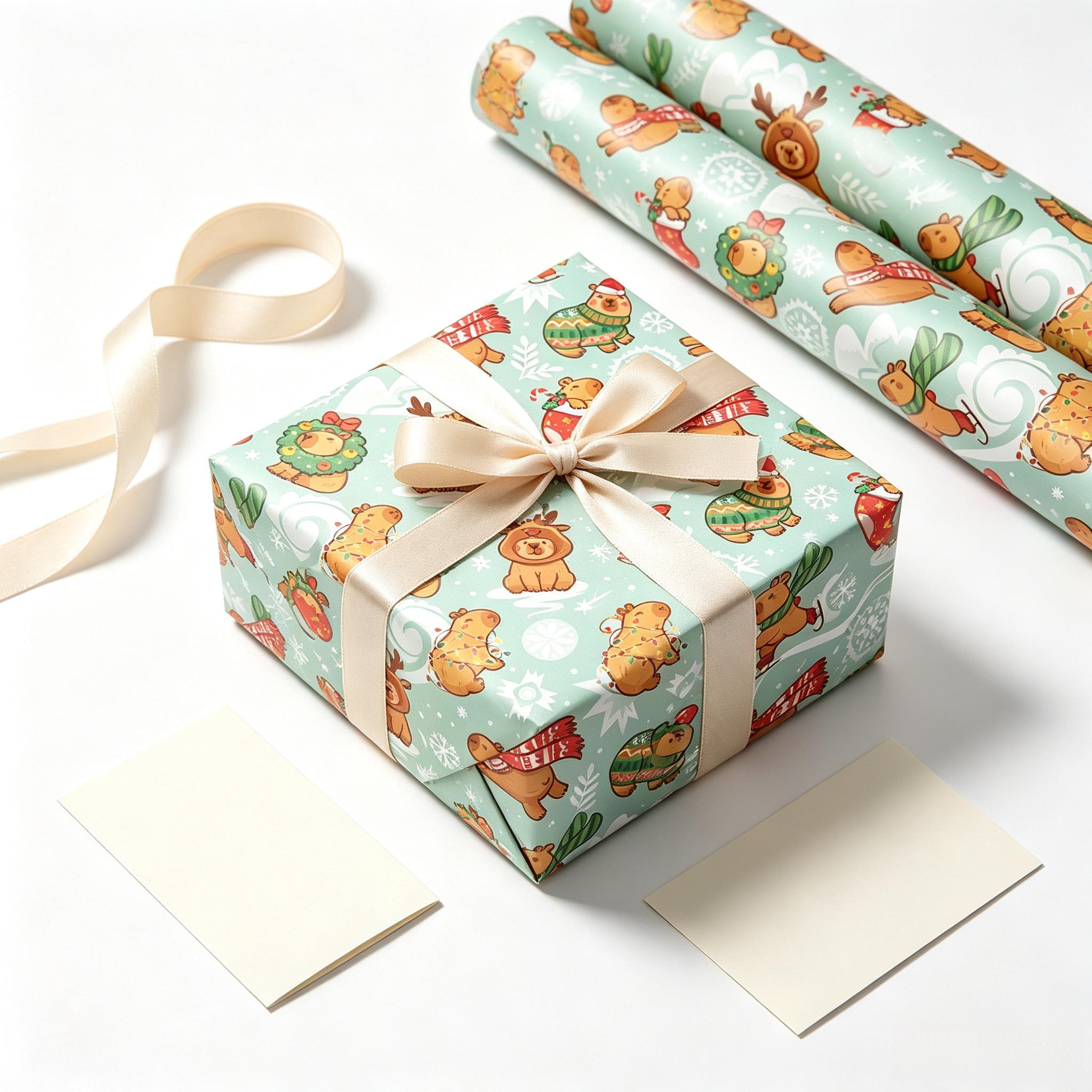 TEMU 1 Rouleau de Hiver Animaux Noël 17 X 118 Pouces, Capybara Patinage sur Glace de Neige Impression, Papier d'Emballage Décoratif Premium pour