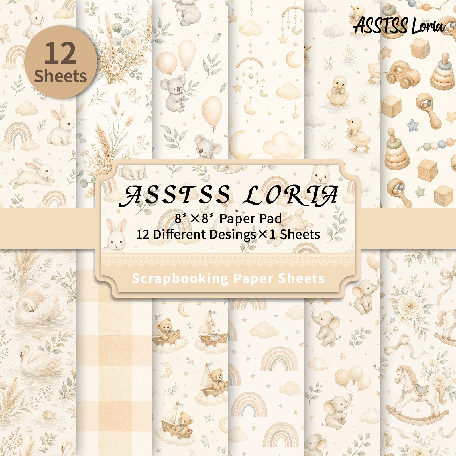 TEMU 12-Vloezen ASSTSS Loria 8X8 Inch Scrapbooking Papierblok, Zacht Waterverf Baby Dieren Achtergrond Papier Benodigdheden, Gewicht Cardstock voor