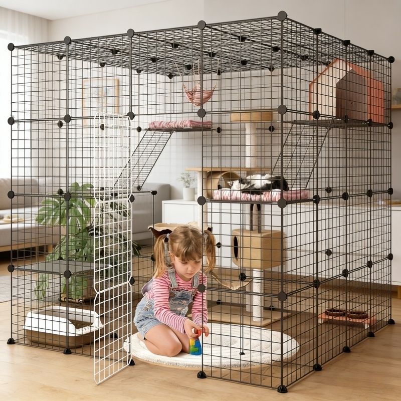 TEMU A25 Black 4--row 4-level Large Cat Cage Indoor Cat Enclosure Cat Playpen Detachable Wire Kennel Crate 4x4x4 Large Exercise , Ideal For 1- Indoor