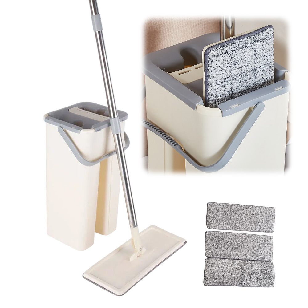2-in-1 Mop And Bucket Kit With 3 Replacement Cloths For Home, Apartment, Office Cleaning