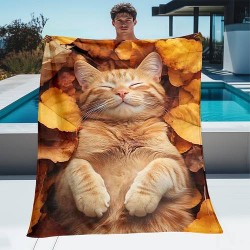 couverture en flanelle 1 pièce, impression numérique 2d à plat sur le thème réaliste dun chat tigré orange dautomne - 100 % fibre de , convient à toutes , légère et chaude, aux lits, canapés et autres scènes, avec un style dillustration réaliste et