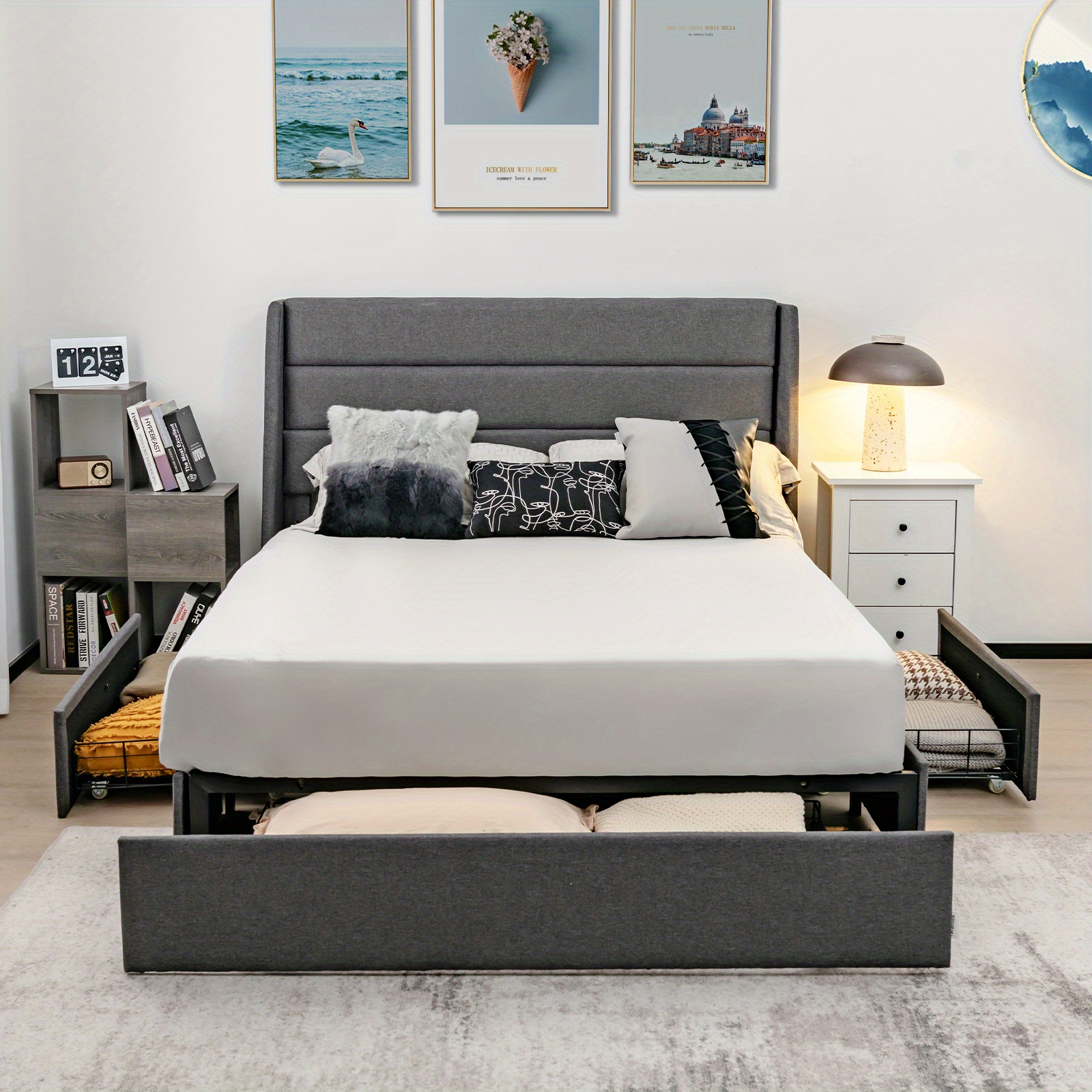 * Queen Platform Bed Adjustable Metal Frame W/3 Storage Drawers &amp;Casters Mat Foundation Grey(No Headboard)