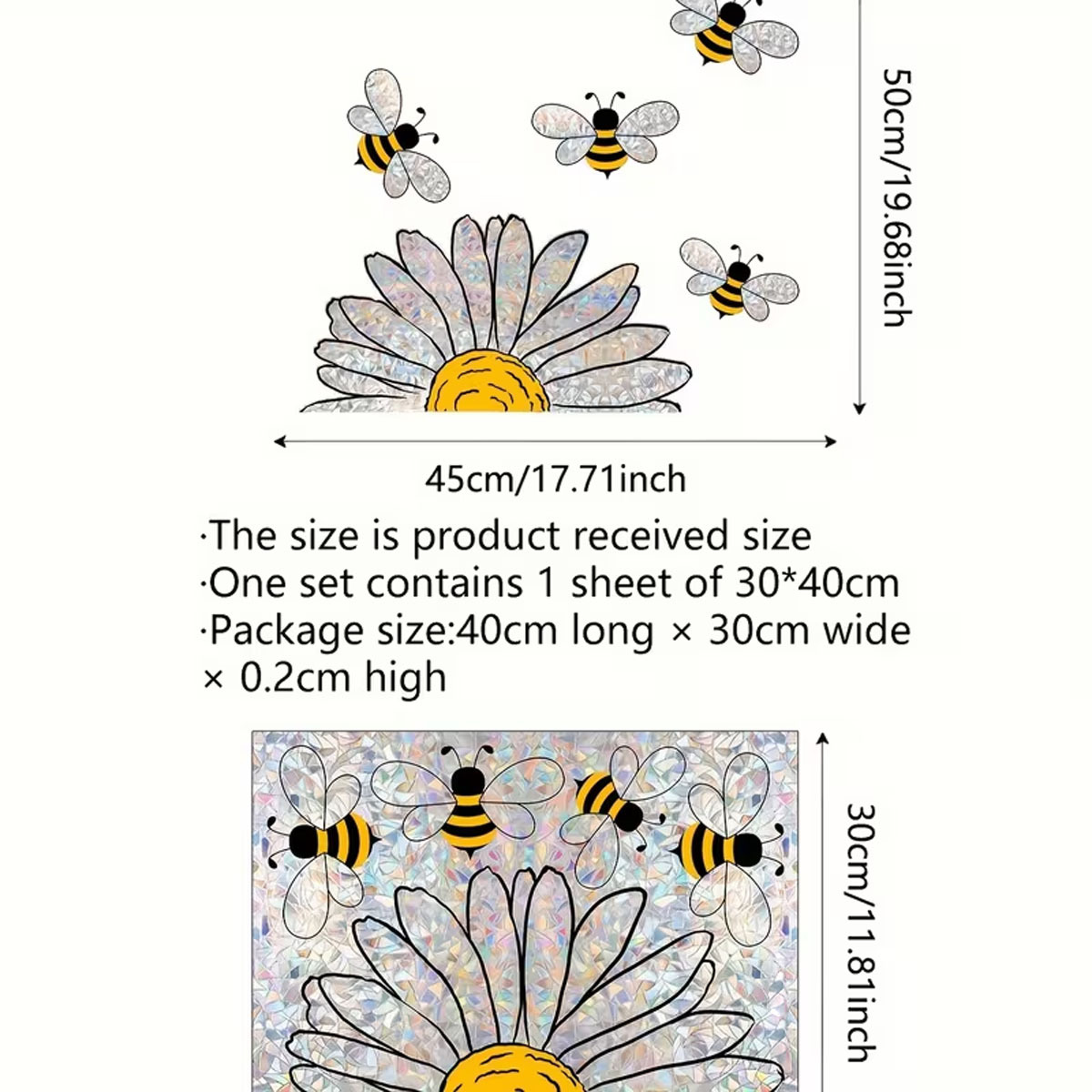 TEMU Autocollant en verre vibrant 30x40cm avec abeille et floraux, adapté aux autocollants de fenêtre à , utilisé pour la décoration de fenêtre