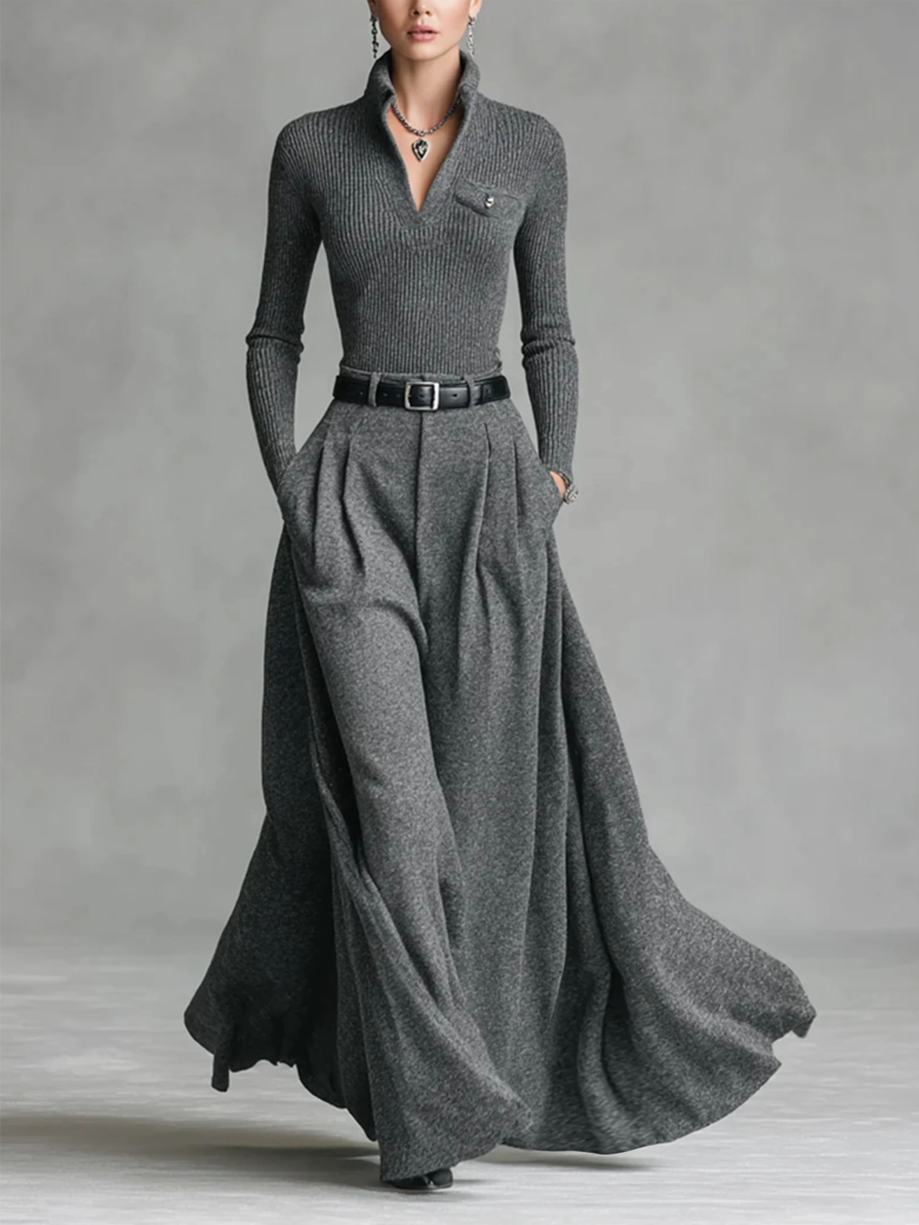 Women's Top and Wide Leg Long Skirt Outfit