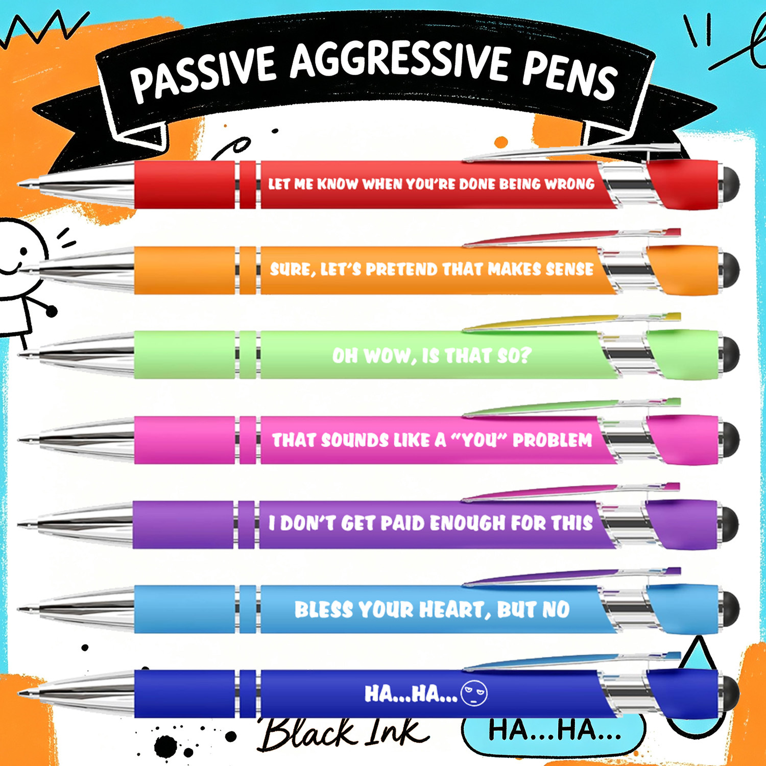 TEMU 7 Pack Snarky Funny Ballpoint Pens, Sarcastic Office Humor Quote Pens, Vibrant , Novelty Desk Accessory, Secret Santa Gag Gift, Gift Bag Filler
