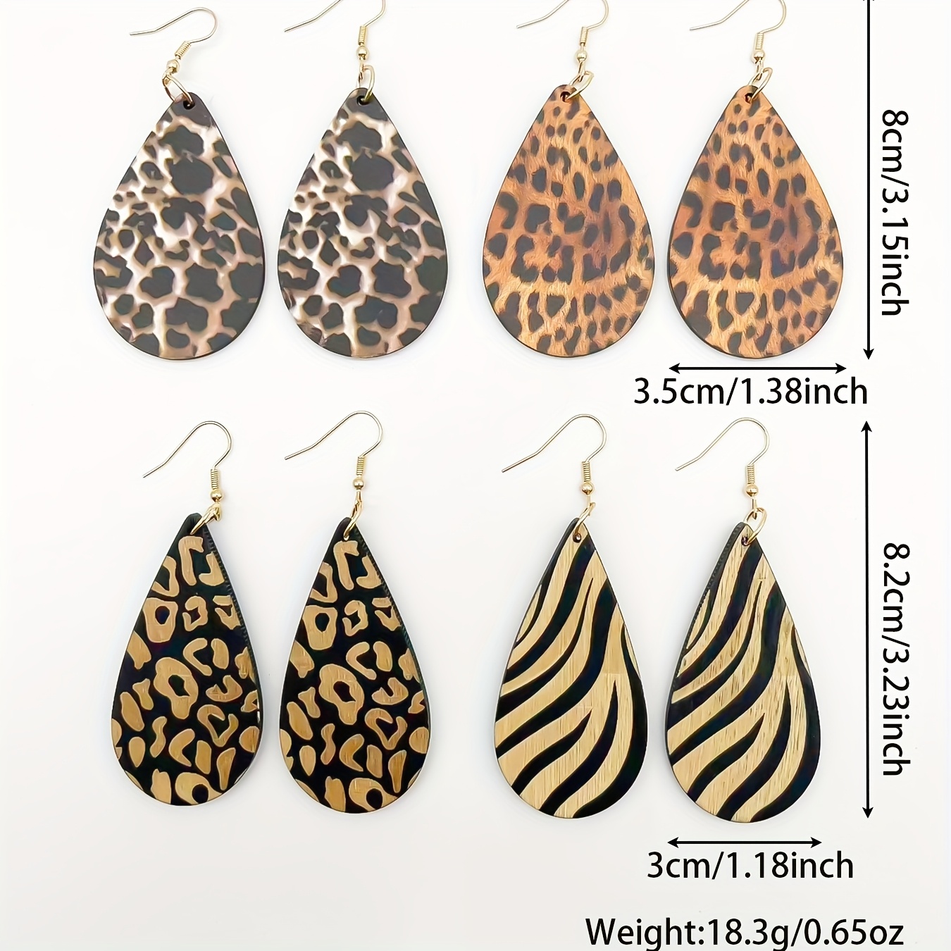 TEMU 2d Flat, 2d Flat 4-pair Women's Fashion Dangle Earrings, Vintage Bohemian Animal Print Teardrop Flat Acrylic Plastic Earring Set, Highlighting