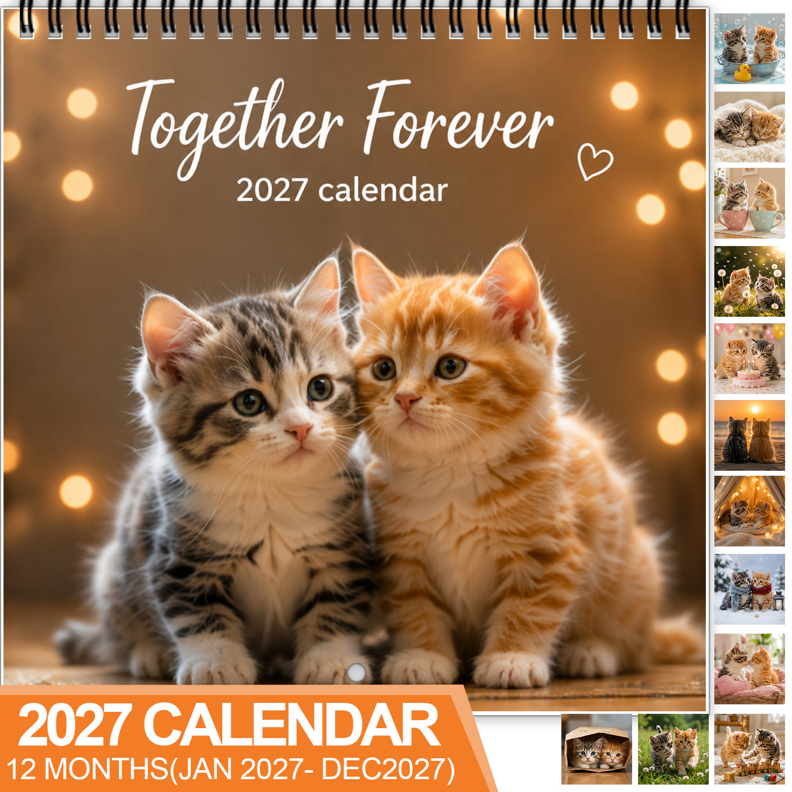 TEMU 1pc 2027 Kitten Love Wall Calendar With Monthly Pages - Twin-wire Hanging Suitable For Home/office Decor, Cute Fluffy Cat Photography Calendar