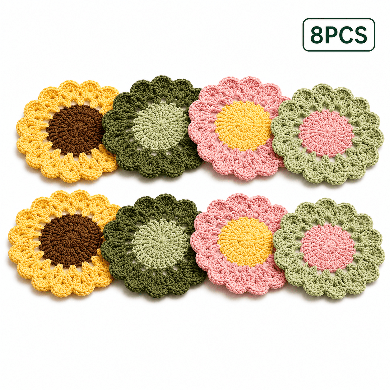 TEMU 8pcs Handmade Crochet Flower Coasters, Random Assorted Colors, Cute Cup Mats For Coffee, Tea & Drinks, Decorative Table Additions For Kitchen,