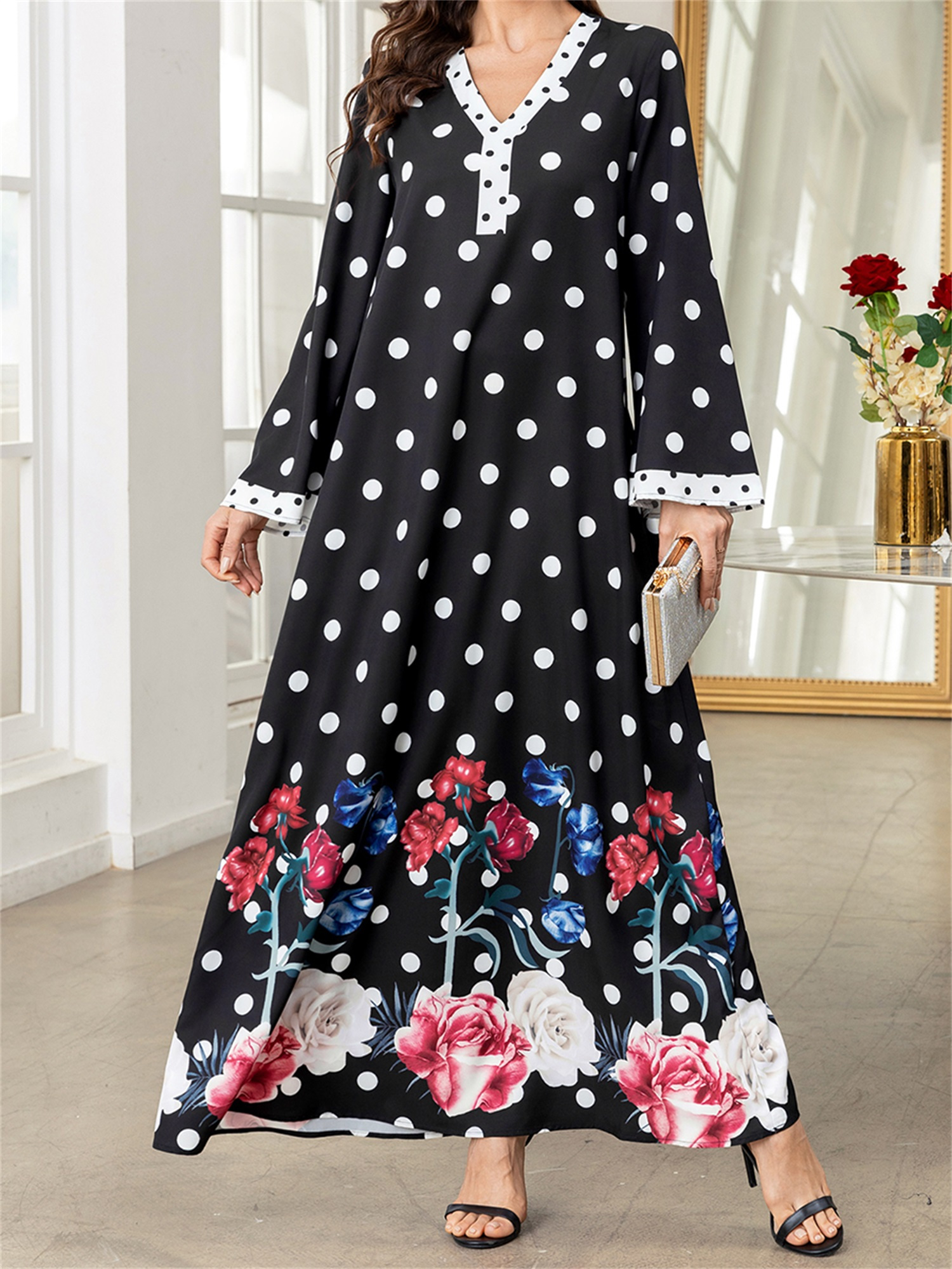 womens long sleeve v neck polka dot floral print kaftan Temu