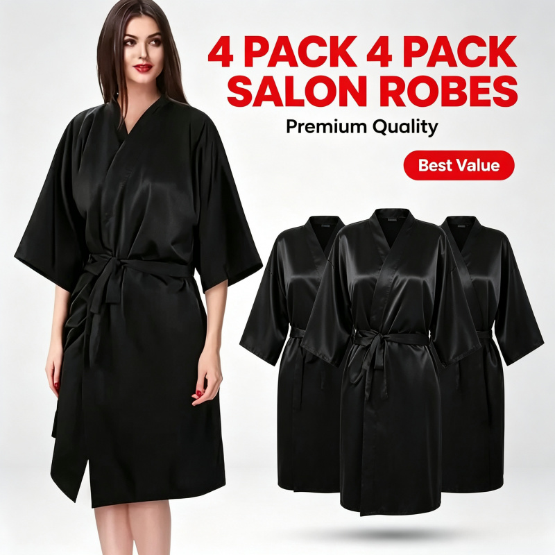 TEMU 4-pack Black Satin Salon Client Robes, V-neck 3/4 Sleeve Barber Guest Gown With Belt, Reusable Hair Styling Client Robe For Hair Salon, Makeup