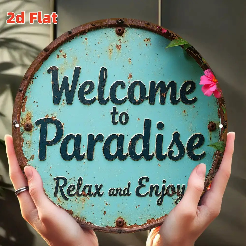 TEMU Décoration Murale en Bois 2D Plate - Turquoise Rétro " au Paradis" - Ornement Suspendu Rond, Créant une , Idéal pour Bord de Piscine, Jardin,