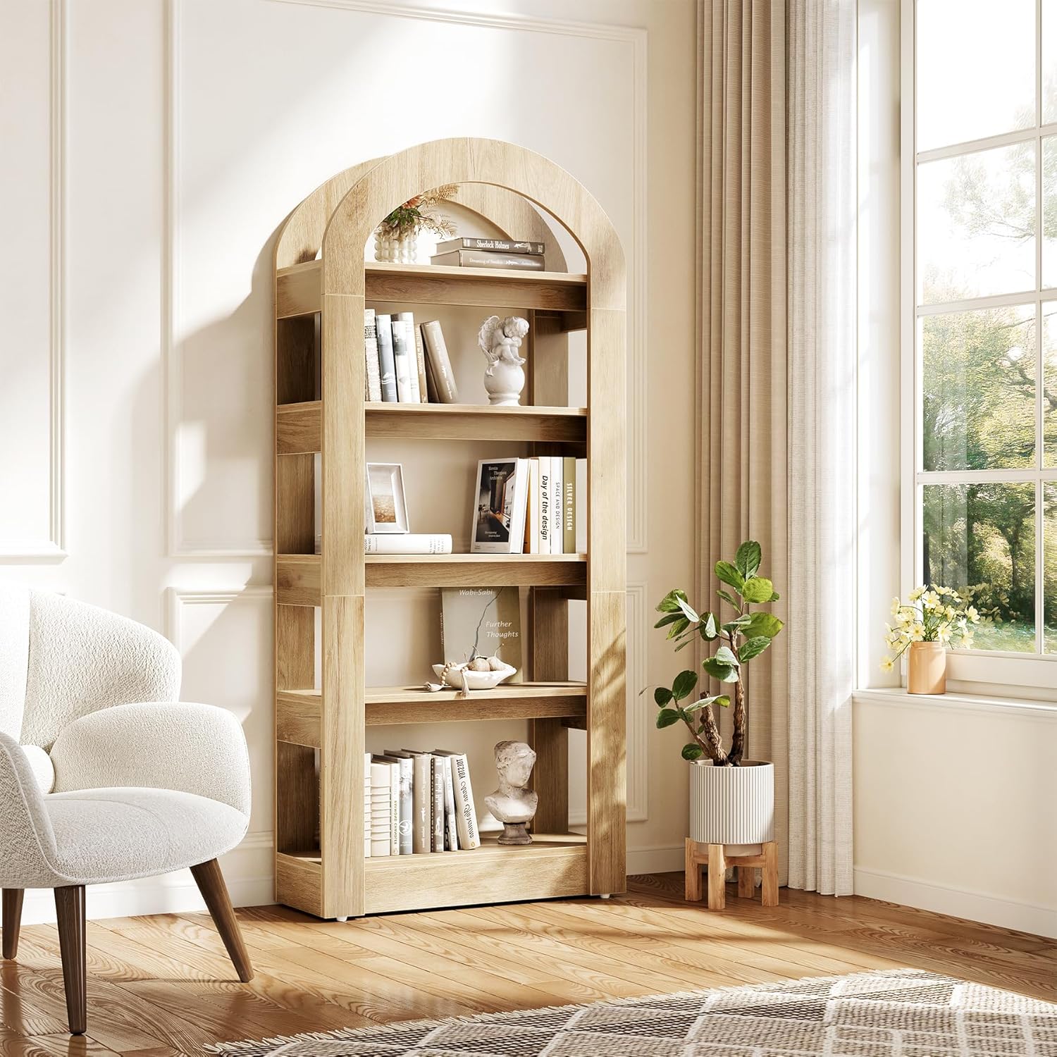 Image of 5-tier Wooden Bookshelf | Tall Storage Shelf With , Brown Hardwood, Freestanding, Unfinished, Suitable For Home Office, Living Room, Bedroom - Fnova