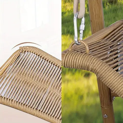 oversized double hammock swing chair with stand anti rust wood colored frame 570 lbs capacity w plush cushion pe rattan weave for indoor outdoor patio balcony bedroom gift patio furniture elegant hanging design sturdy brackets outdoor furniture