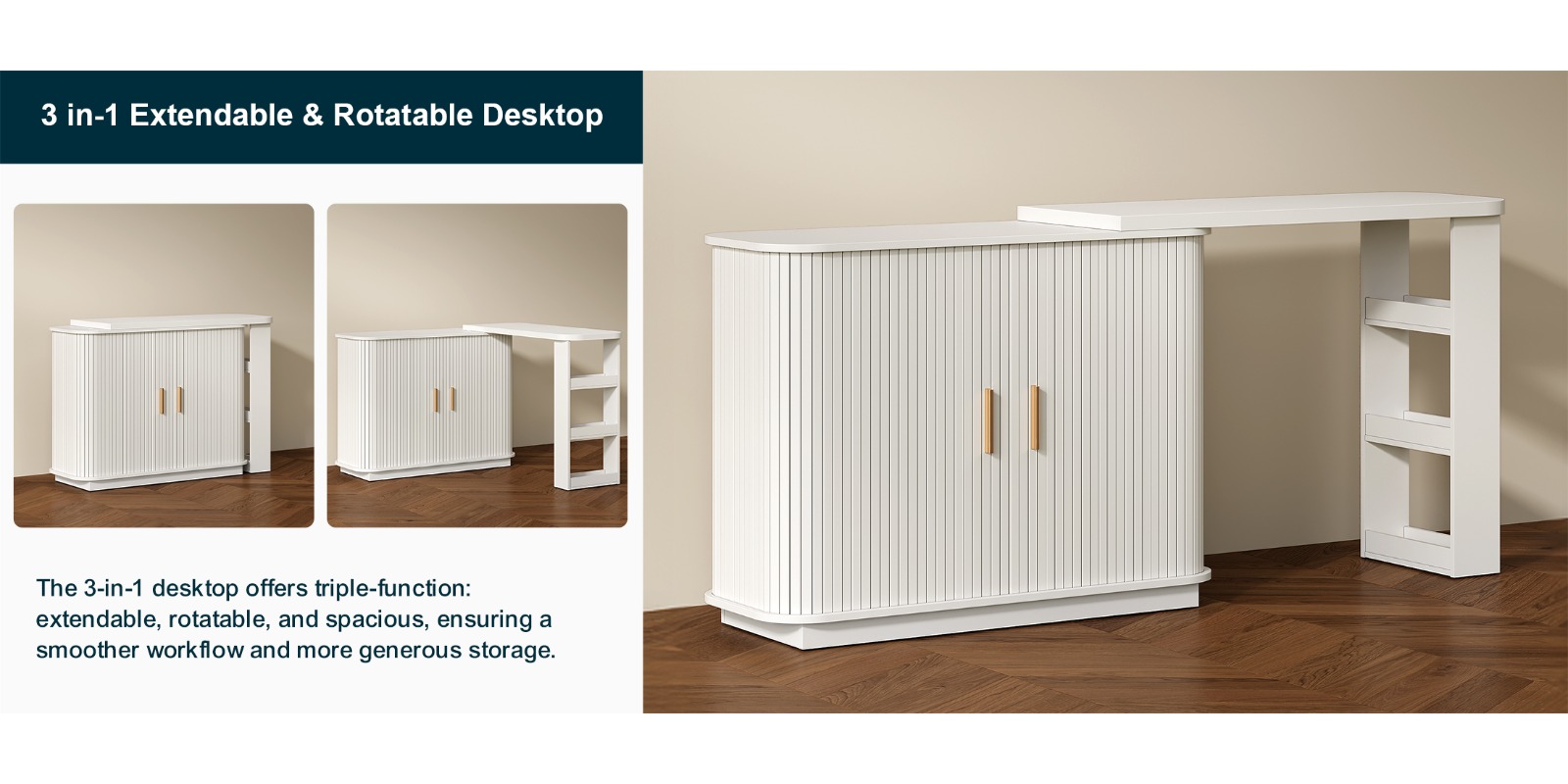 Adjustable Vanity Desk with Rolling Shutter, L-Shape Corner Makeup Table Featuring Shelves, Bedroom Storage Solution in White