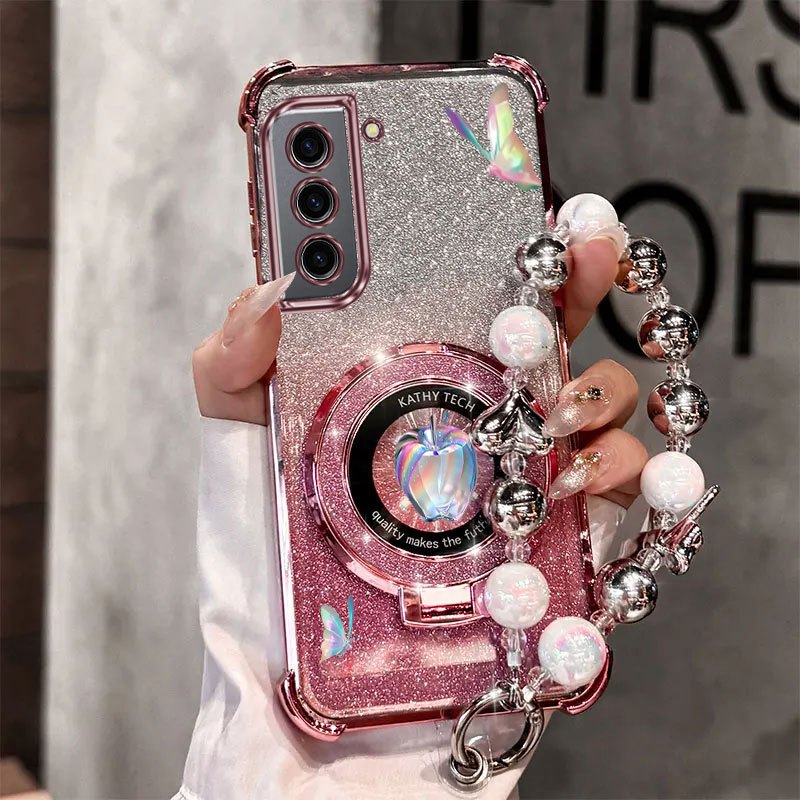 Etui na telefon - S21 FE Wytrzymałe powłokowe etui z smyczą Lucky Clover, kompatybilne z Samsung Galaxy S21 FE, kryształowy motyl i kryształowa podstawka Apple