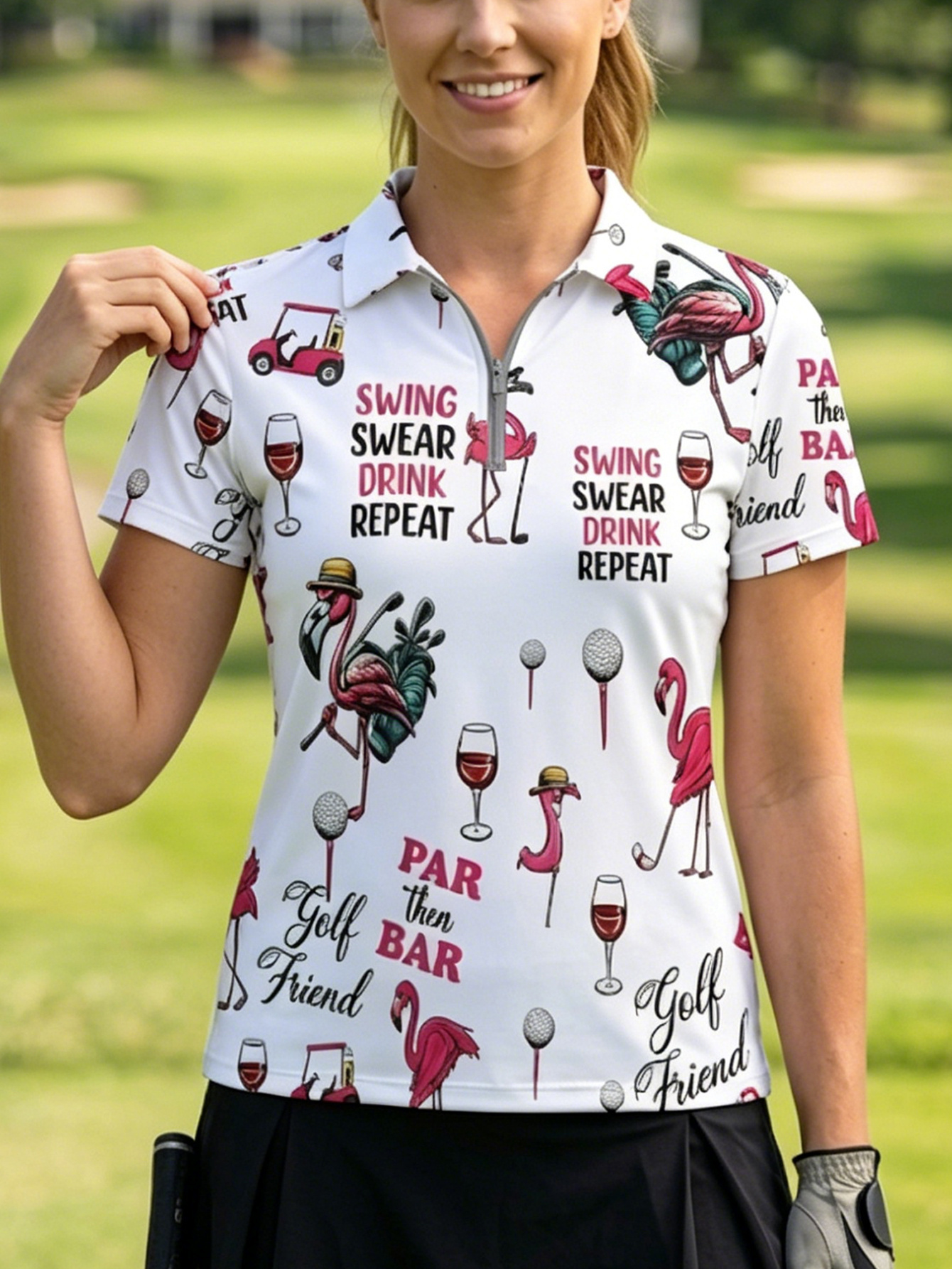 womens mesh golf   shirt funny flamingo and wine print breathable short sleeve sporty top for social golfing and outdoor fun