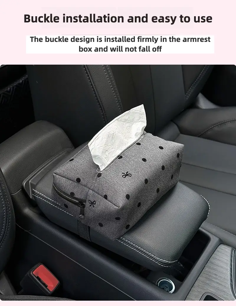 luxury elegant polka dot car tissue holder with bowknot universal fit backseat and polyester fiber ideal for armrest sun visor and console storage car accessories Product details 3