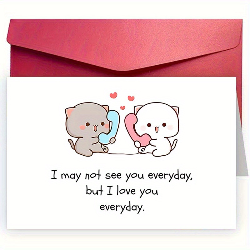 TEMU 1 's Day Card With Envelope, Cute Kitten Design On Phone, "i Love You Day" Message, Paper Material, 12.5cm X 17.5cm, Perfect For Couples,