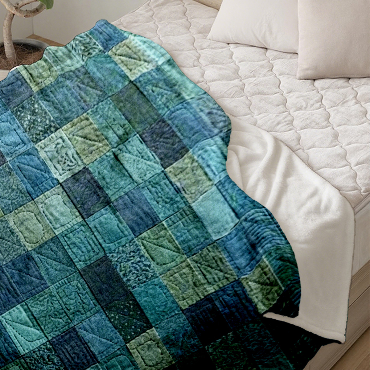 TEMU 1pc Teal Quilt Texture Print Flannel Blanket, Vintage Worn Finish, Ultra -friendly, & Machine Washable. Suitable For Sofa Cover, Bed Throw, Nap,