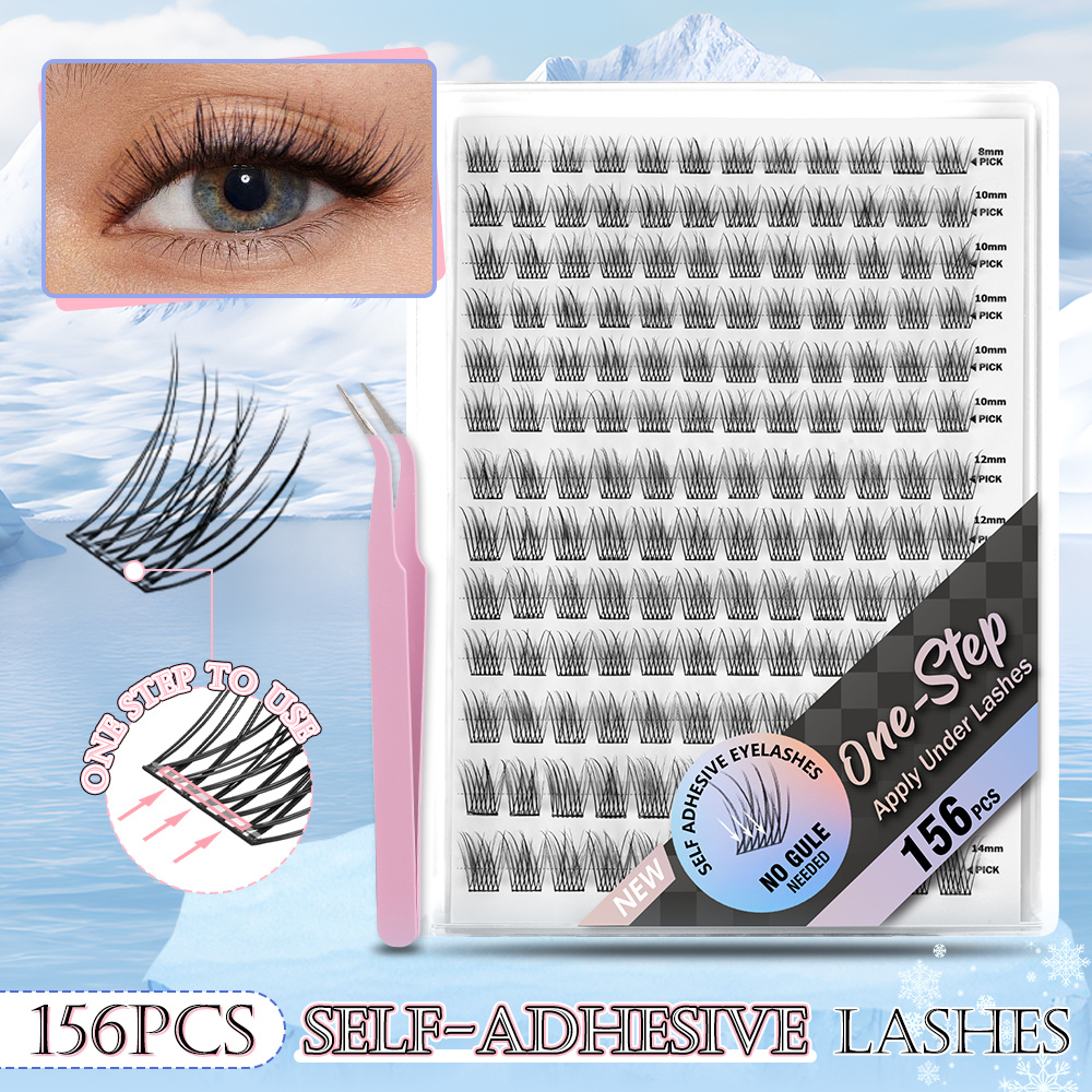 TEMU Self Adhesive Lash Clusters, 156pcs Pre Lash Clusters Kit, Individual Cluster Eyelashes With Tweezers, No Glue Needed Press , Lightweight