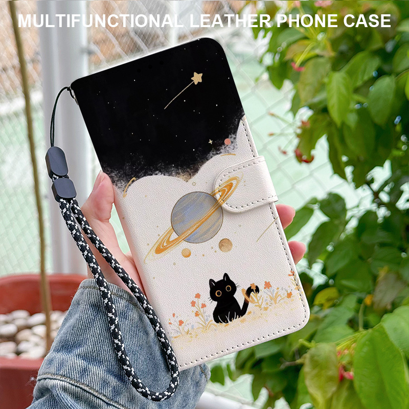 TEMU Phone Case - Fashion Flip Foldable Wallet Phone Case With Card Slot, Magnetic Closure And Lanyard, Cat Pattern Protective Cover, Compatible With