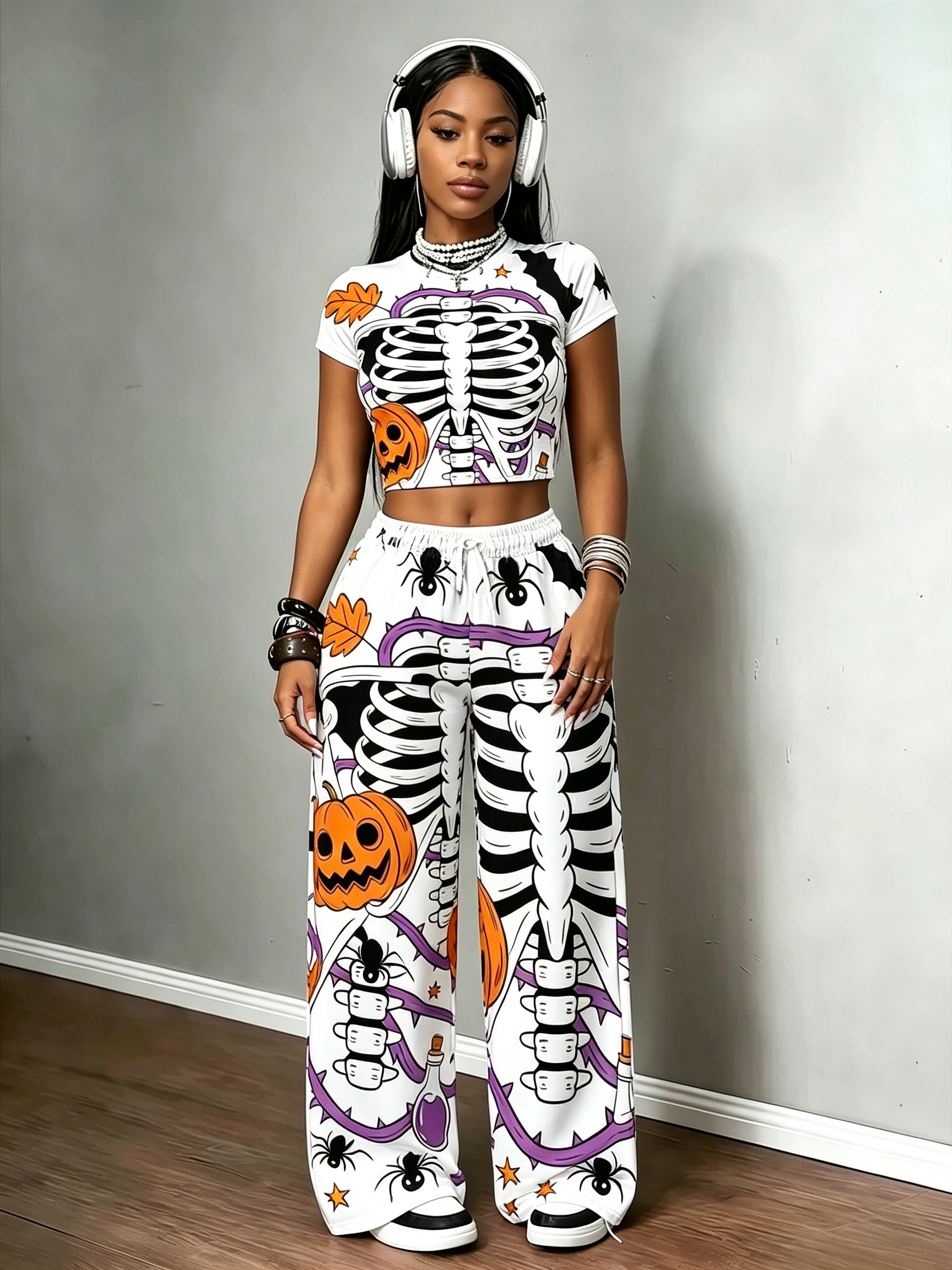 2pcs womens   outfit suitable for parties   skull print matching 2pcs set short sleeve top with wide leg pants machine washable streetwear for themed events