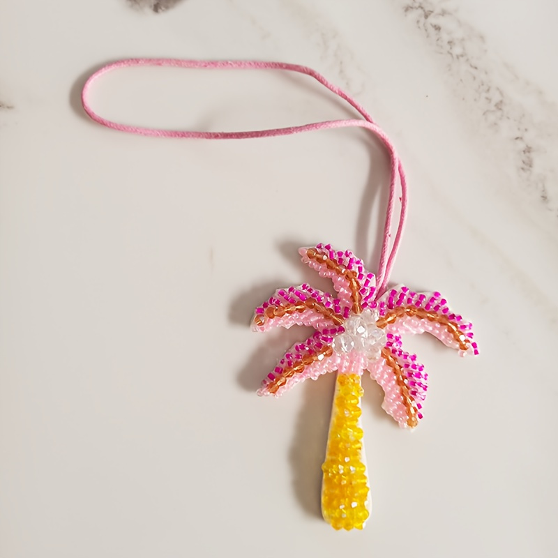 1 Handmade Beaded Palm Tree Keychain- Tropical Style Green, Pink, And Yellow Trunk Design- Bohemian Beach Party Gift, Unisex Durable Beaded Ornament- Essential, Palm Tree Pendant