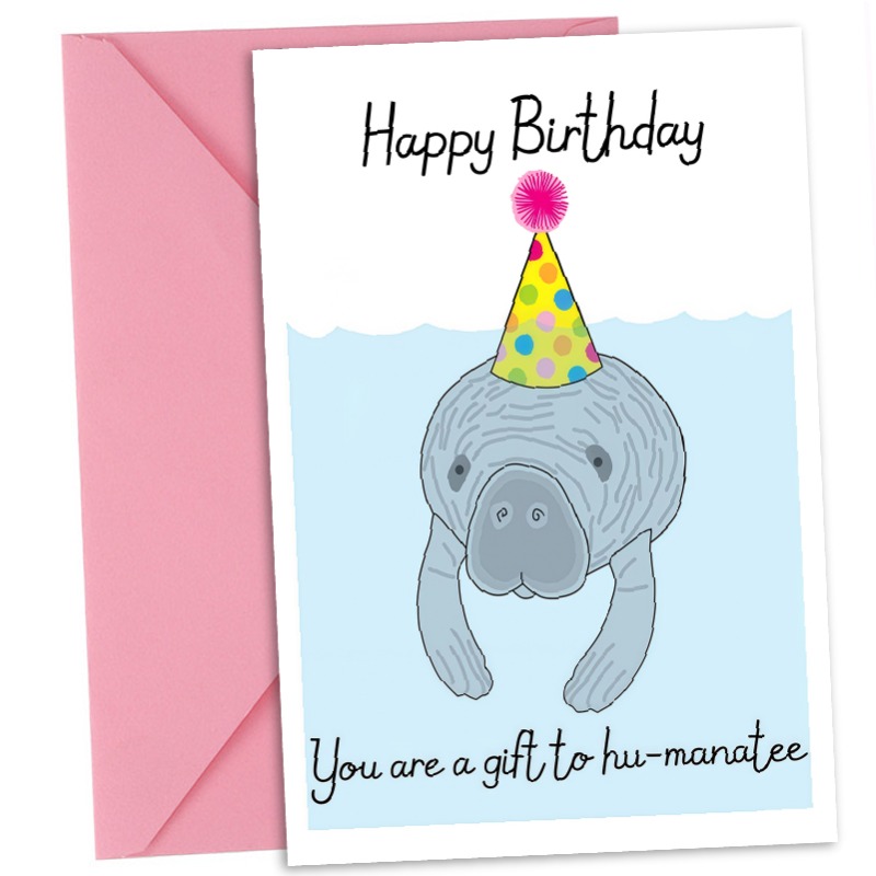 TEMU 1pc Cute Manatee Birthday Card, Funny 'you Are A Gift To Hu-manatee' Pun Greeting Card With Envelope, Adorable Birthday Card For Animal Lover,
