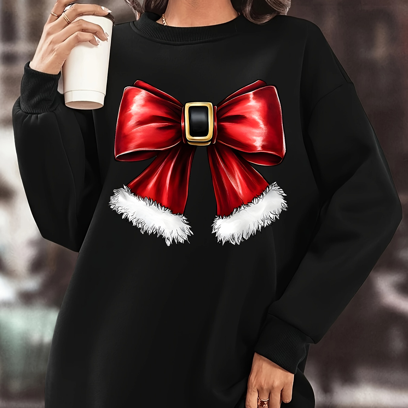 

1pc 's Christmas Bow Fleece - Knit , , Long , Fit, Knee-length Sweatshirt For Fall/