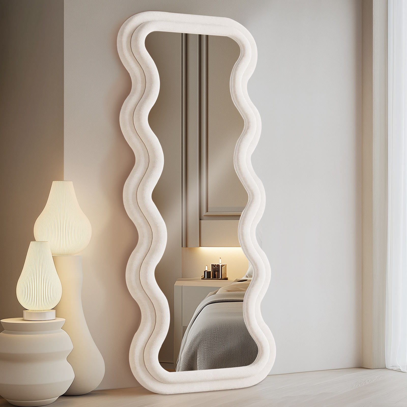 Image of Full Length Mirror 60 X160cm, Irregular Wavy Flannel Wrapped Wooden Frame Full Body Mirror, Wall Mirror Standing Hanging Or Against Wall, For Bedroom, Living Room Hallway Entrance