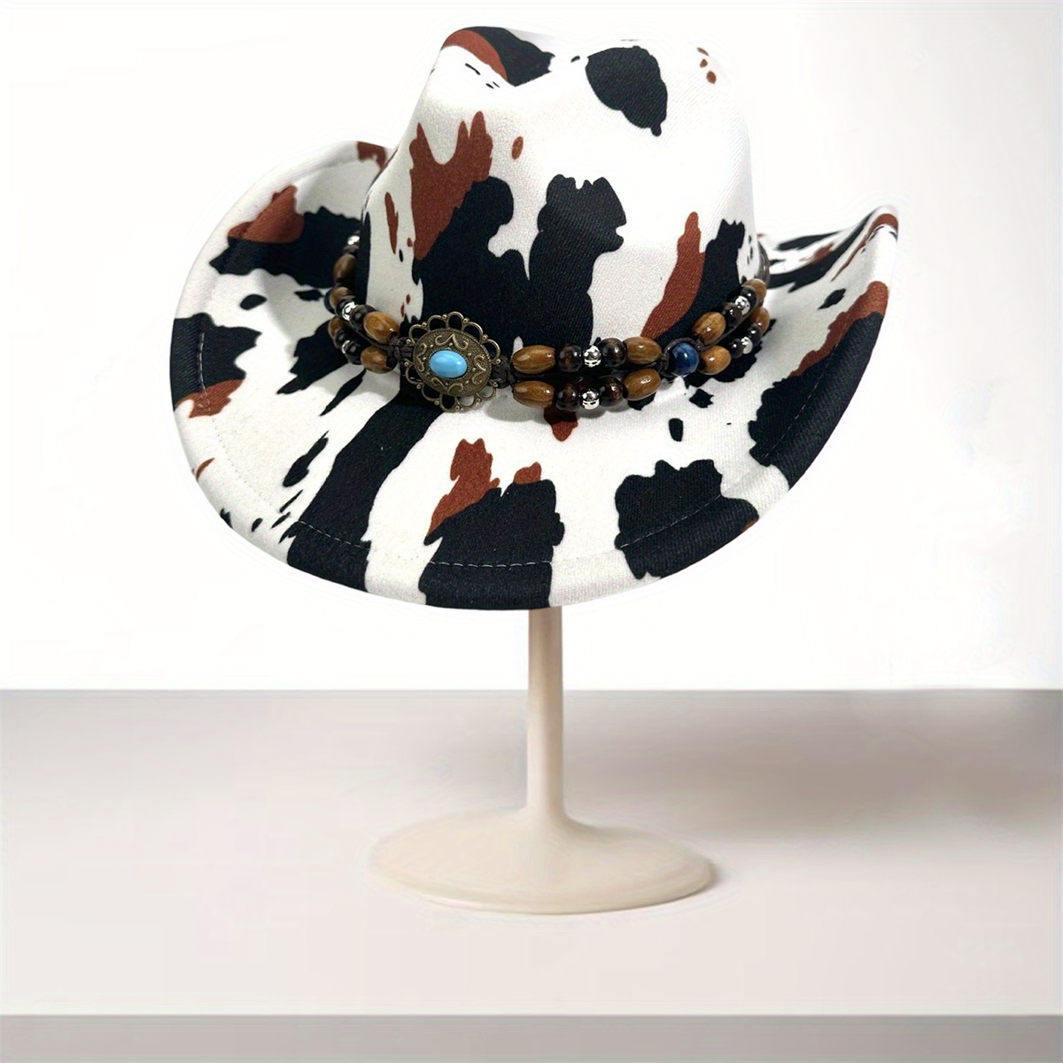 Cow Print Wide Brim Fringe Beaded Western Cowgirl Hat Y2K Festival western style wide brimmed hat cow print men women complete  main image 4