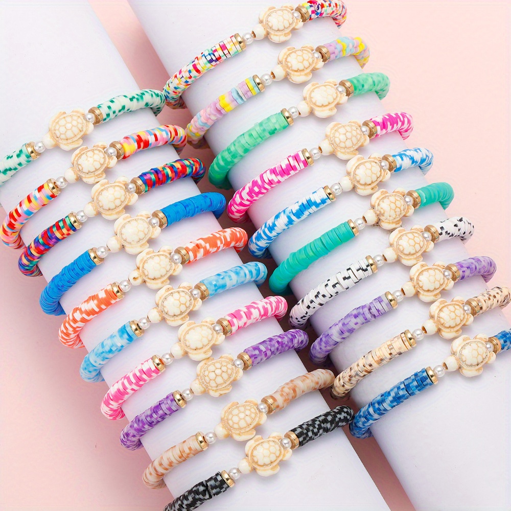 TEMU 20pcs Boho Chic Handmade Polymer Clay Beaded Stretch Bracelets, Multi-colored Sea Turtle Stackable Summer Beach Jewelry, Ideal Gift For Men And Women, Turtle Decor