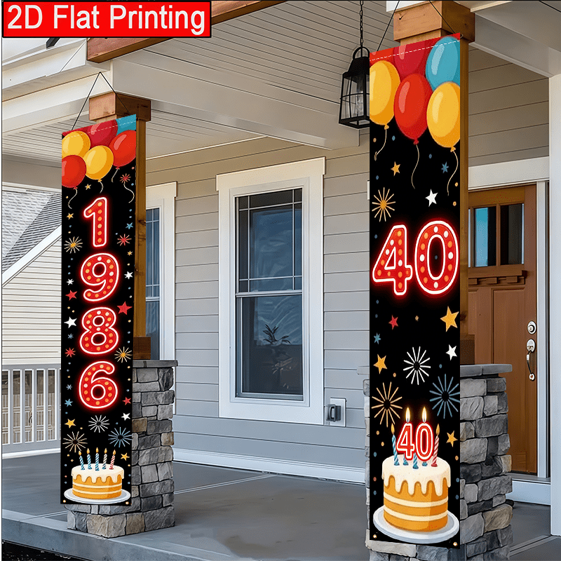 TEMU 2d Flat, 2d Flat 2pcs For 40th Birthday Party Banner Black And Red With 1986 Fireworks Balloon Cake Design Flag Suitable For Festival Party
