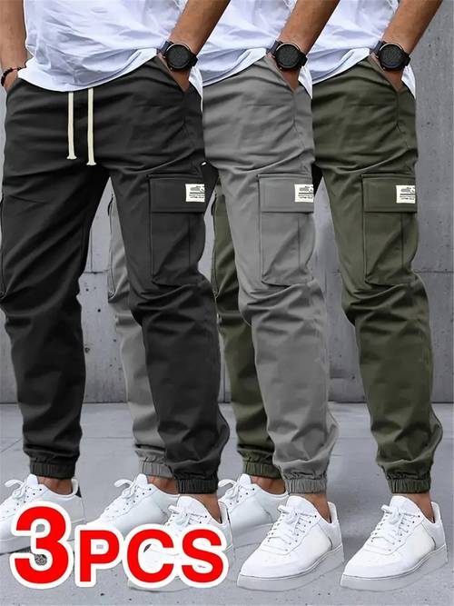 item picture 3pcs set mens casual solid pants camouflage casual work pants multiple drawstring waistband outdoor work pants running pants with pockets 100 polyester fiber non elastic suitable for of work pant